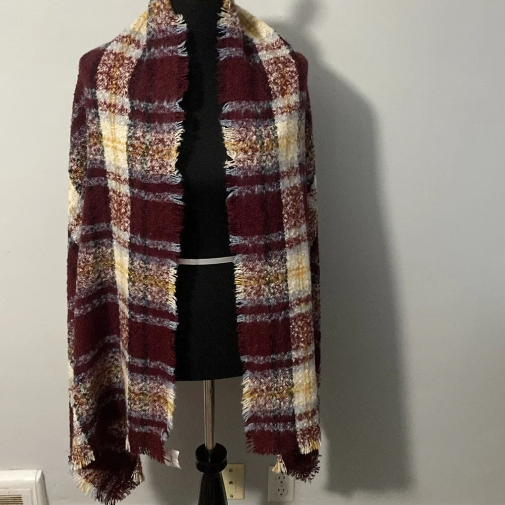 Blanket Scarf Red Wine Cream Denim Blue & Yellow NWT